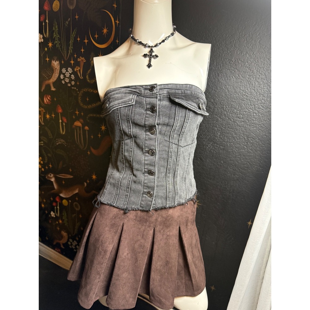 Torrid Womens Grey Denim Strapless Corset Tube Top Button Front Smocked Back 1